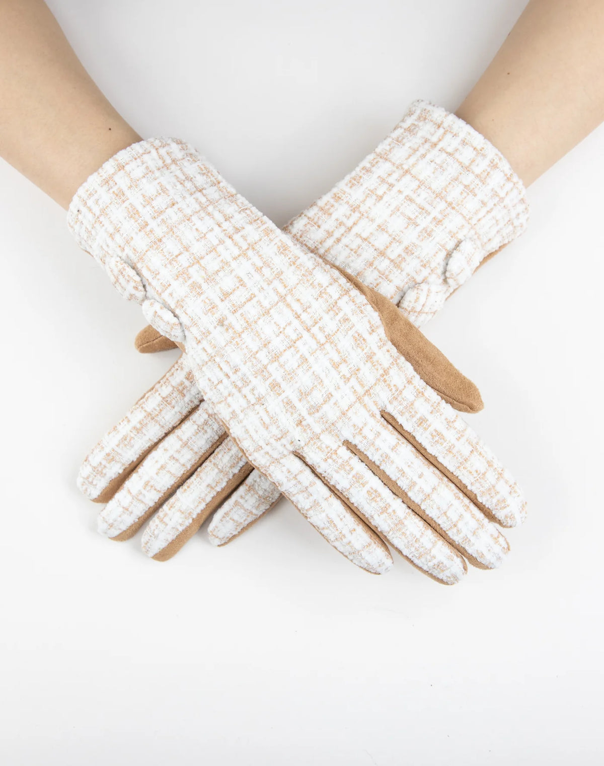 Plaid Tweed Gloves - Beige