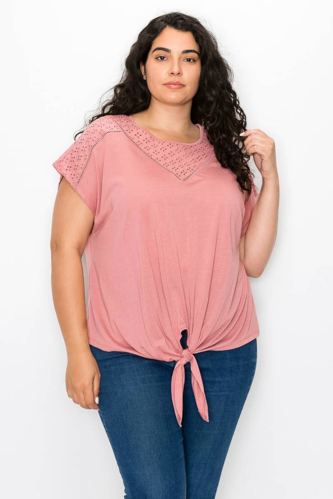 Eyelet Yoke Tie Front Blouse